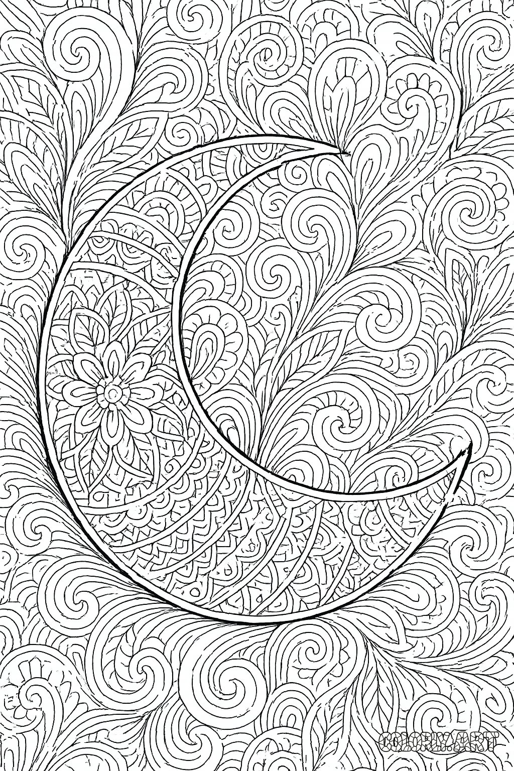 Patterned Moon Scene Coloring Book Page Colorly.art