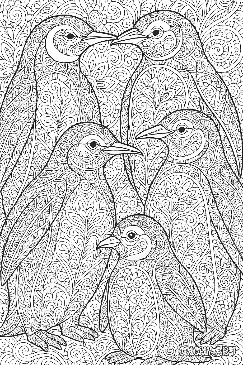 Patternized Penguin Coloring Book Page Colorly.art V2 