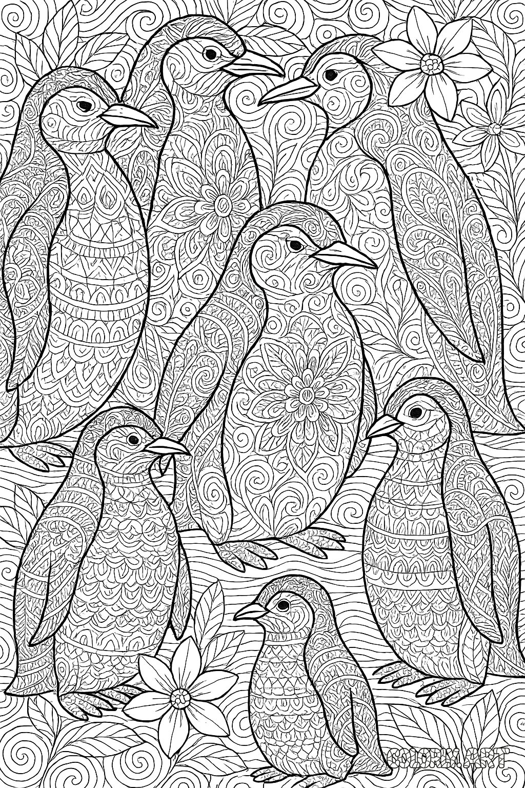 Patternized Penguin Coloring Book Page Colorly.art