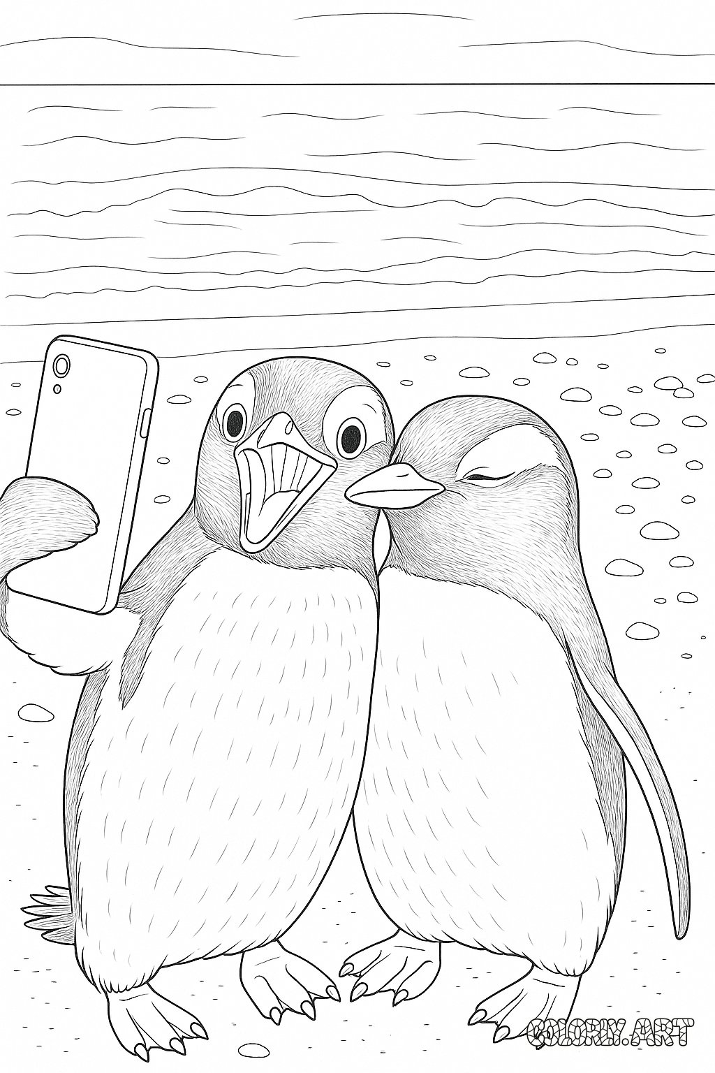 Penguins Taking Selfie Coloring Book Page Colorly.art V2 