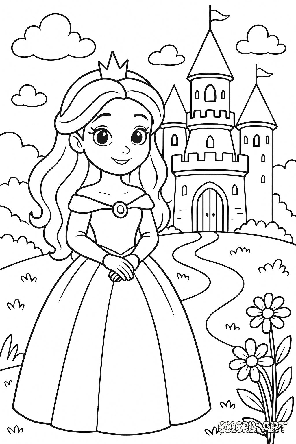 Princess and Castle Coloring Book Page Colorly.art