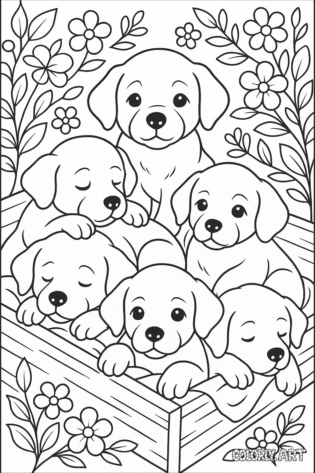Puppy Litter Coloring Book Page Colorly.art V2 