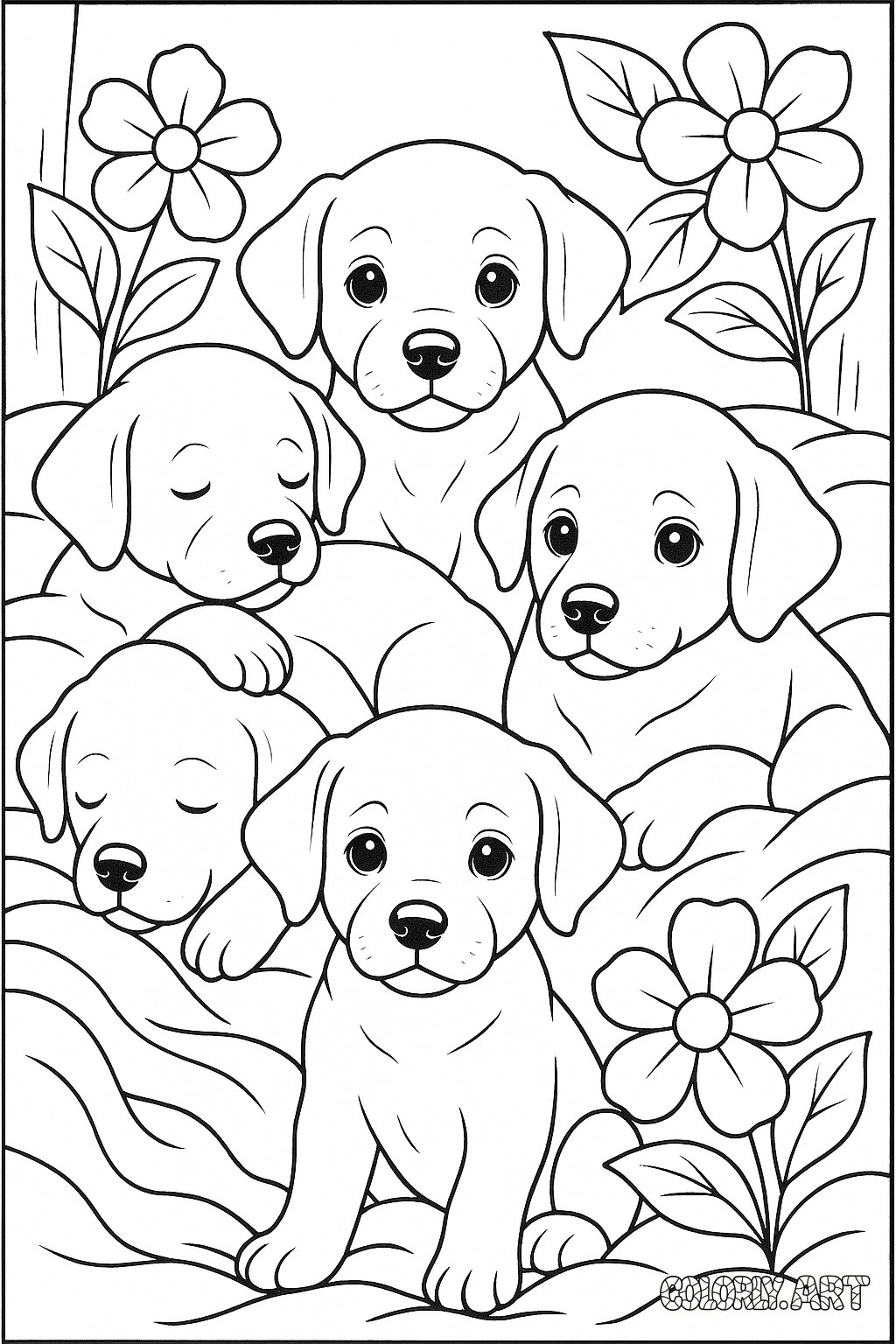 Puppy Litter Coloring Book Page Colorly.art