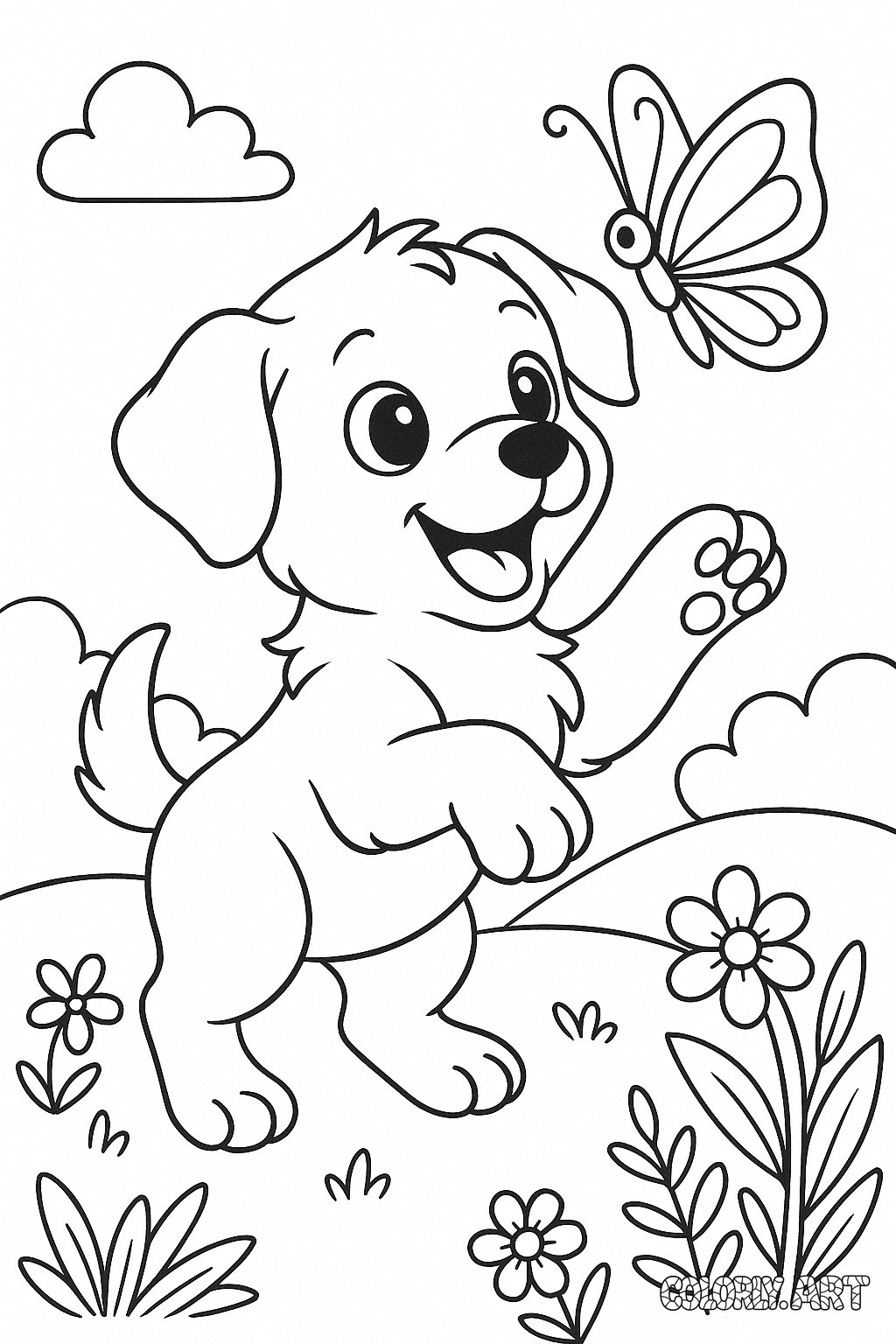 Puppy and Butterfly Playtime Coloring Book Page Colorly.art