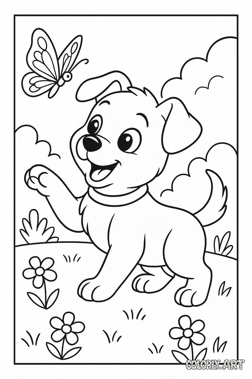 Puppy and Butterfly PlaytimeColoring Book Page Colorly.art