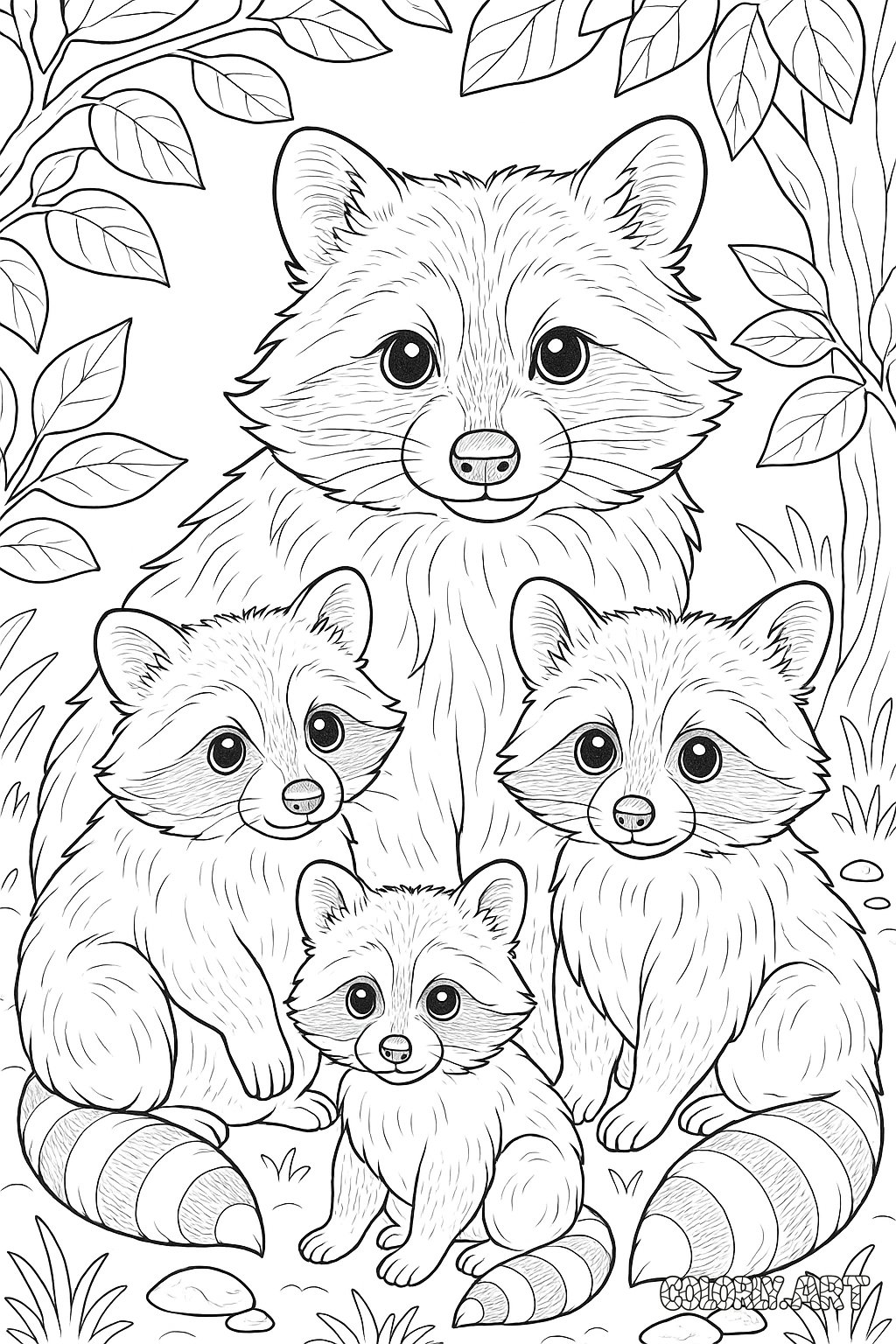 Raccoon Family Portrait Coloring Book Page Colorly.art