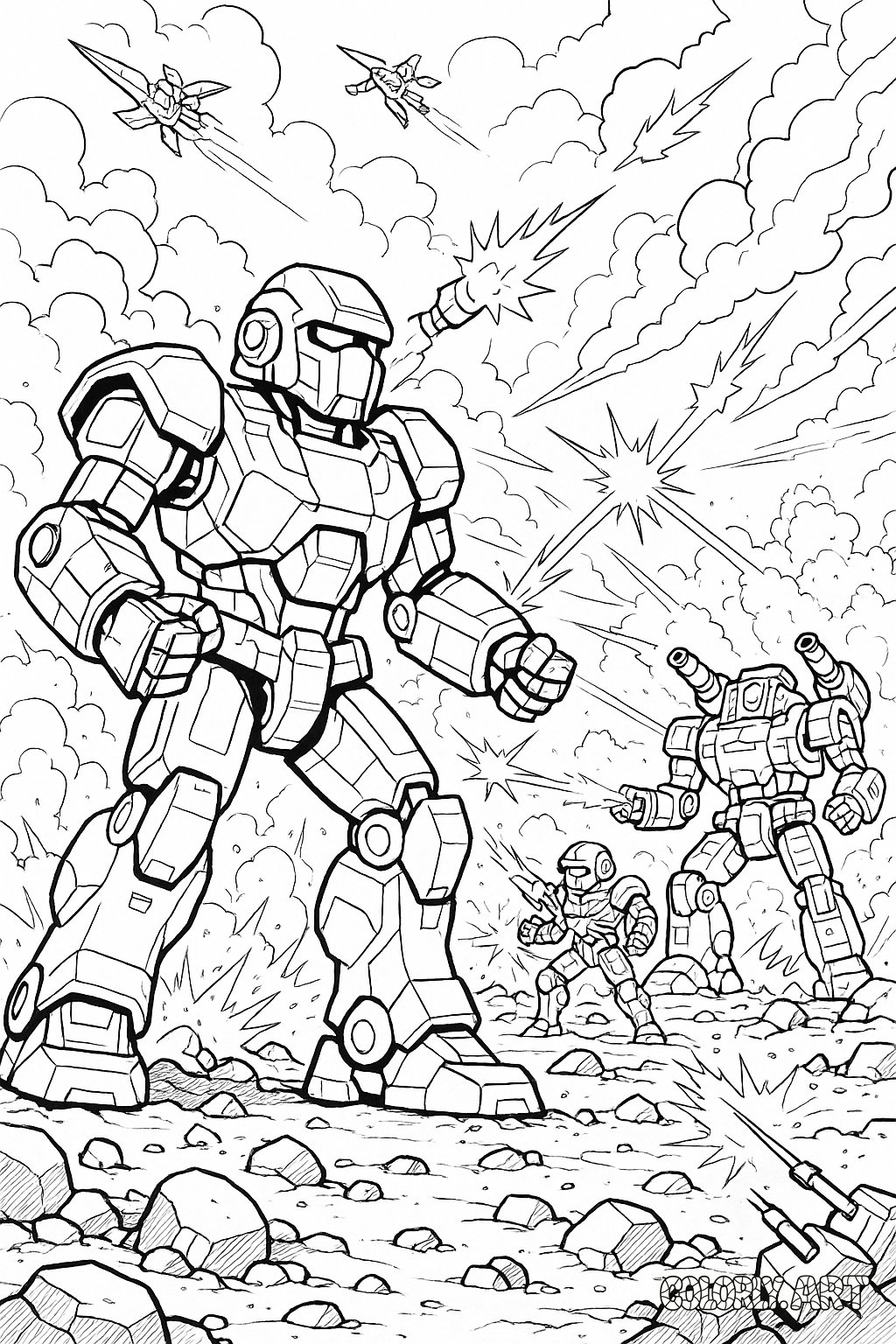 Robot Battle Scene Coloring Book Page Colorly.art V2 