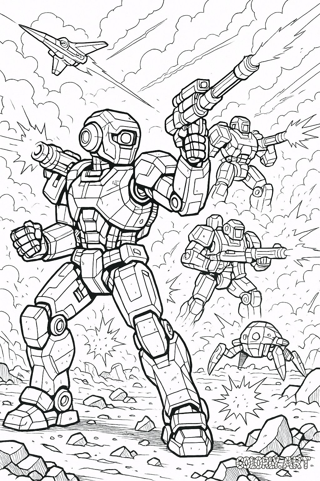 Robot Battle Scene Coloring Book Page Colorly.art