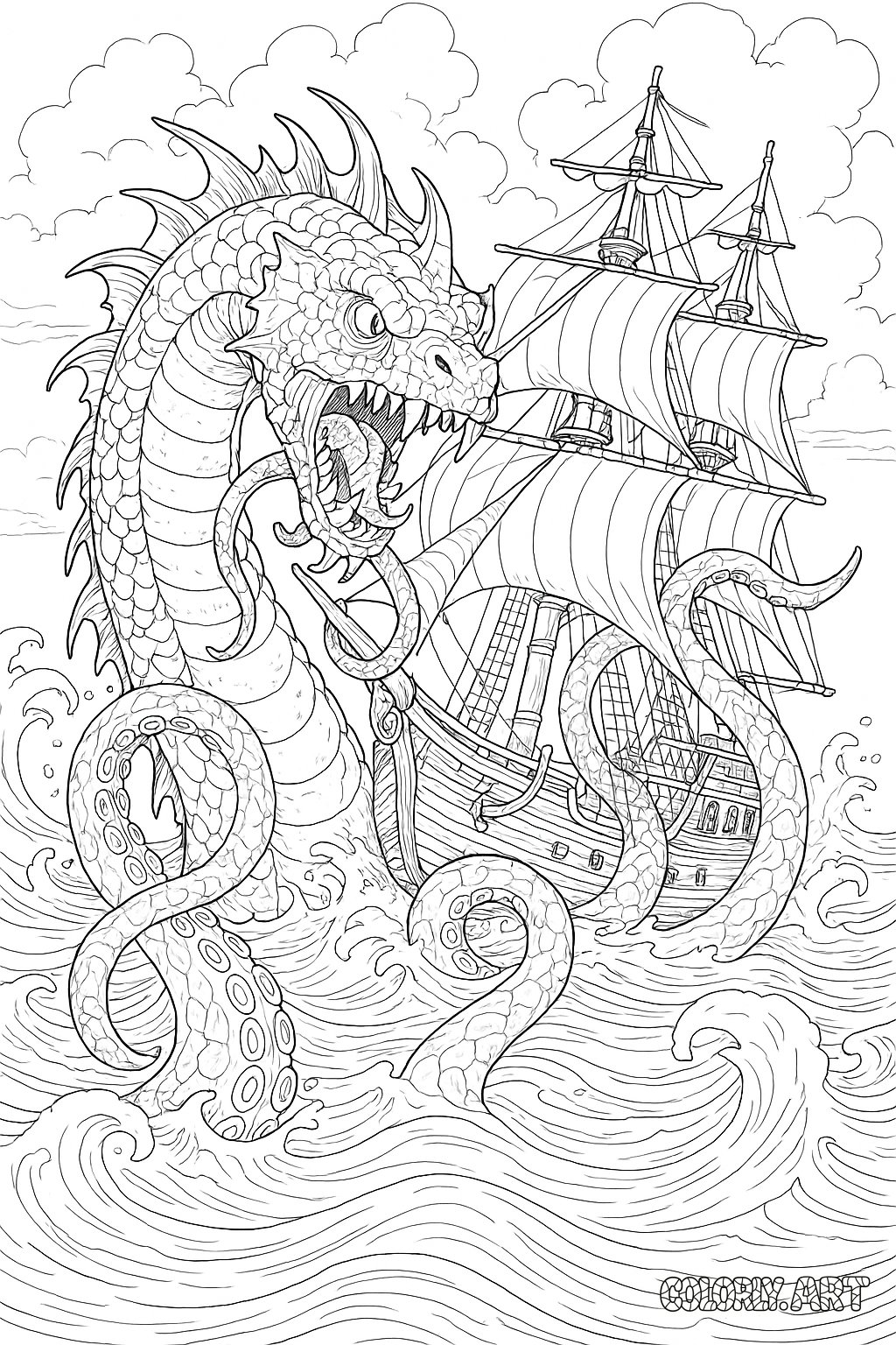 Sea Monster Clash Coloring Book Page Colorly.art V2 