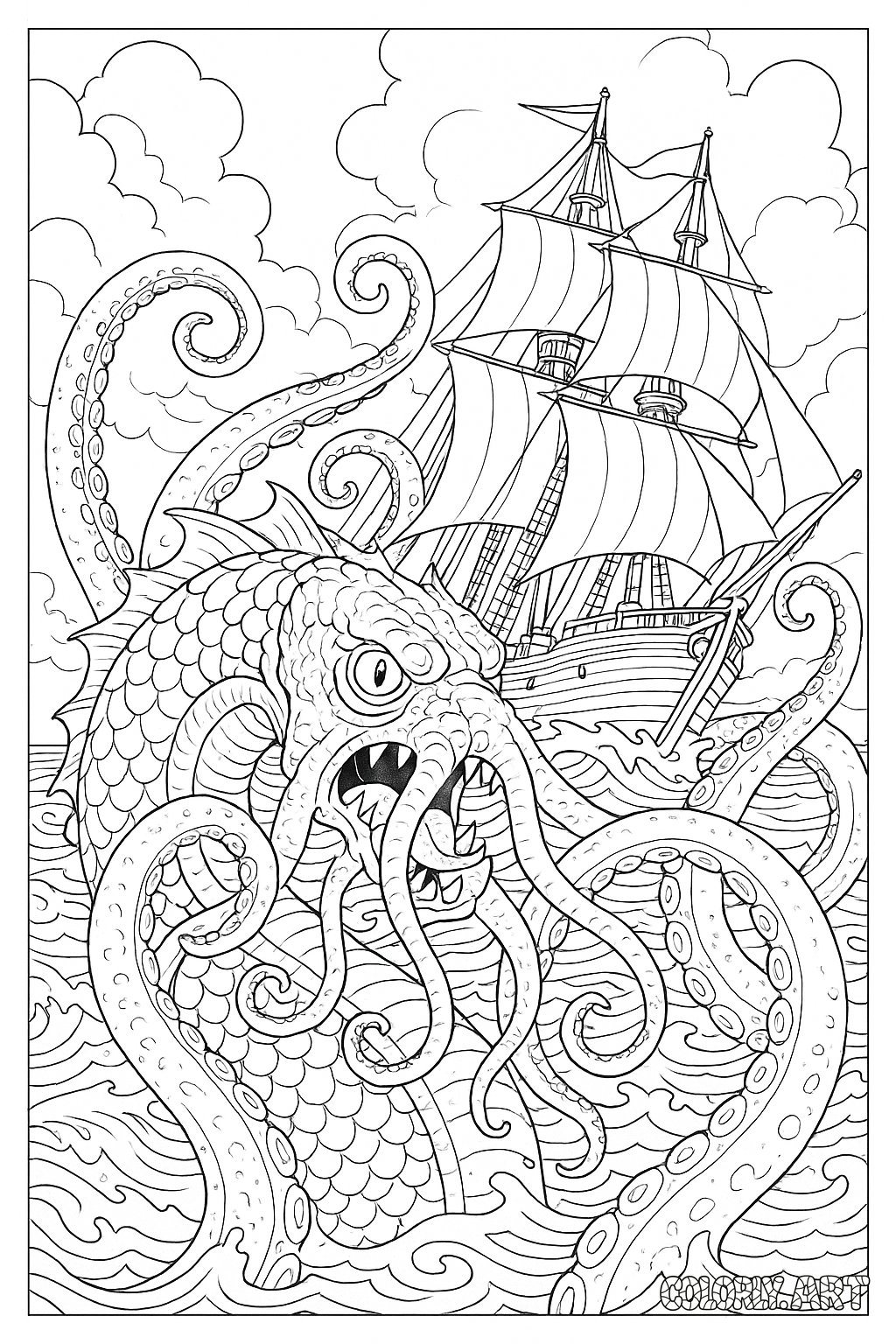 Sea Monster Clash Coloring Book Page Colorly.art