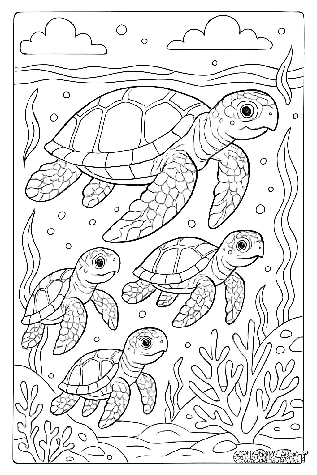 Sea Turtle Family Coloring Book Page Colorly.art V2 
