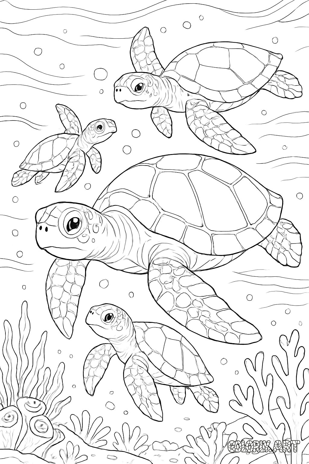 Sea Turtle Family Coloring Book Page Colorly.art