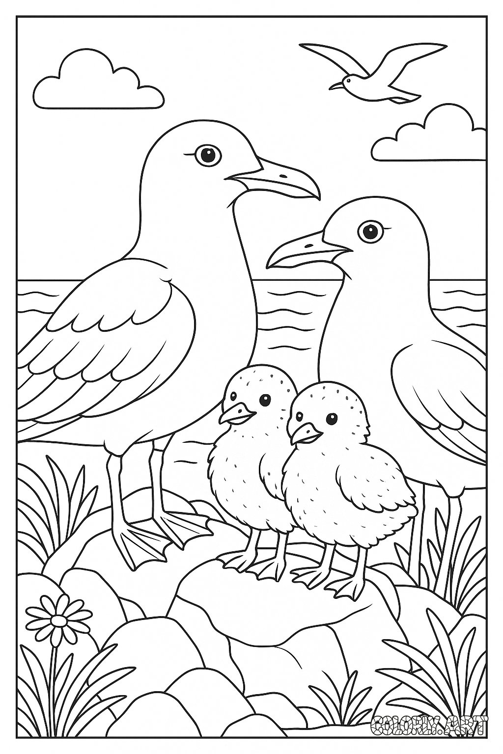 Seagull Family Coloring Book Page Colorly.art