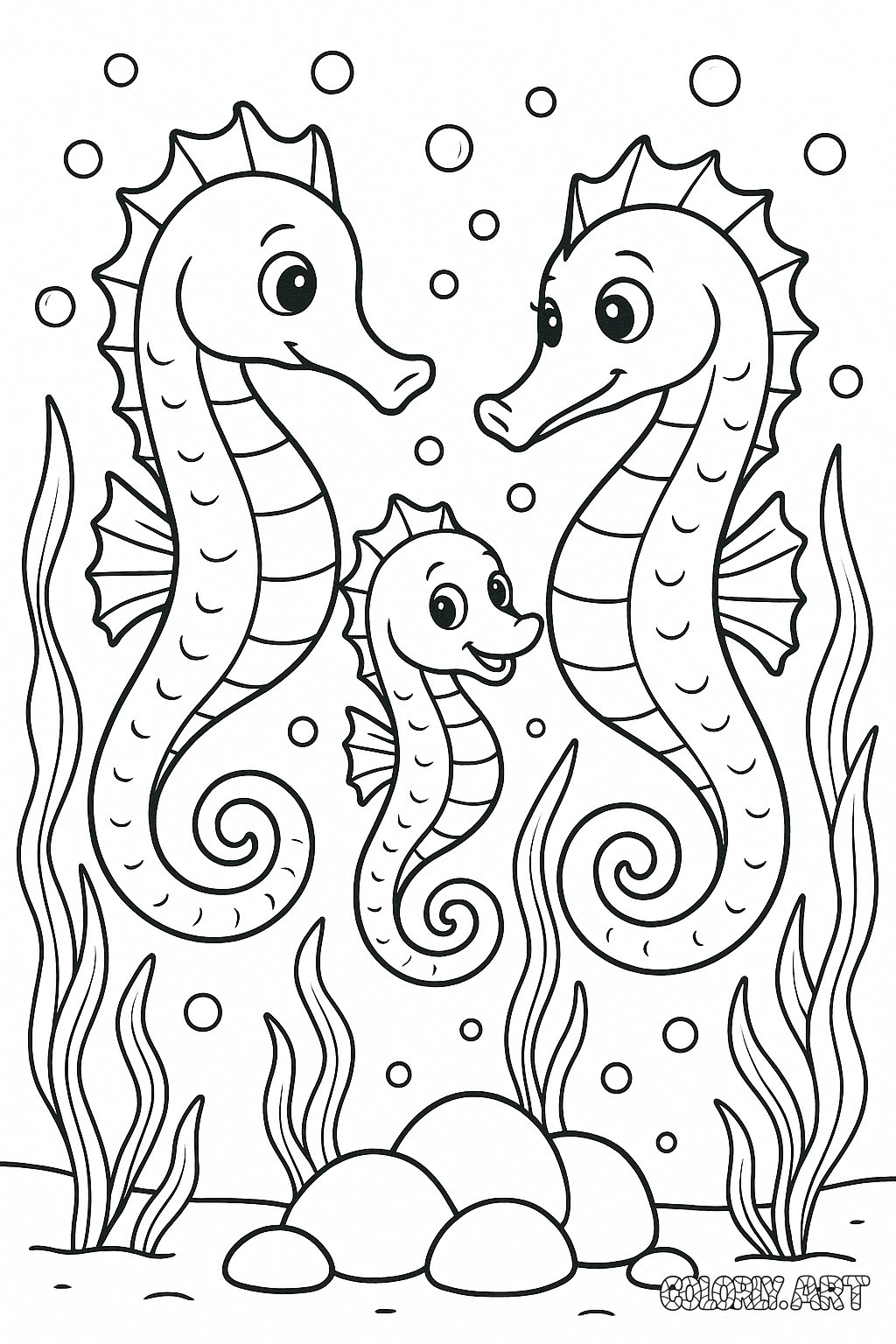 Seahorse Family Fun Coloring Book Page Colorly.art V2 