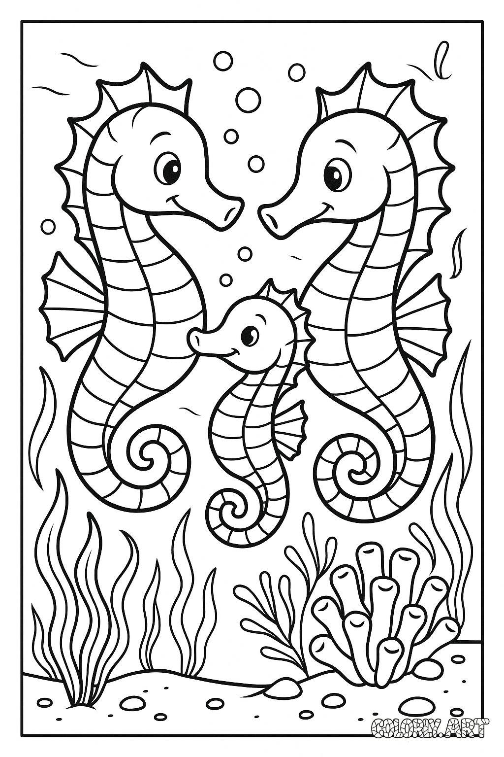 Seahorse Family Fun Coloring Book Page Colorly.art