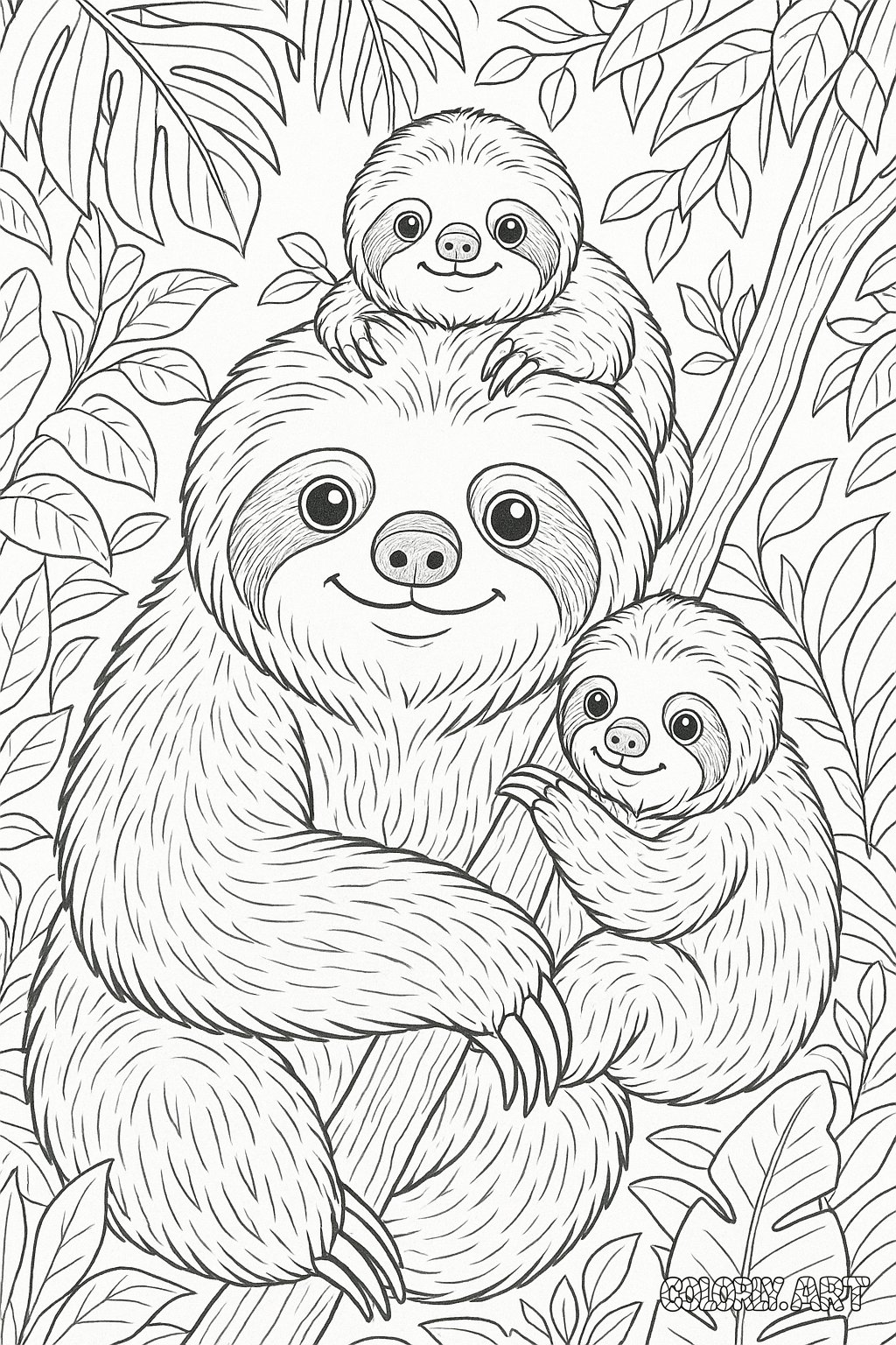 Sloth Family Coloring Book Page Colorly.art V2 
