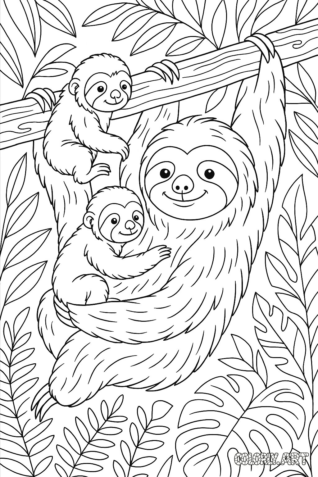 Sloth Family Coloring Book Page Colorly.art