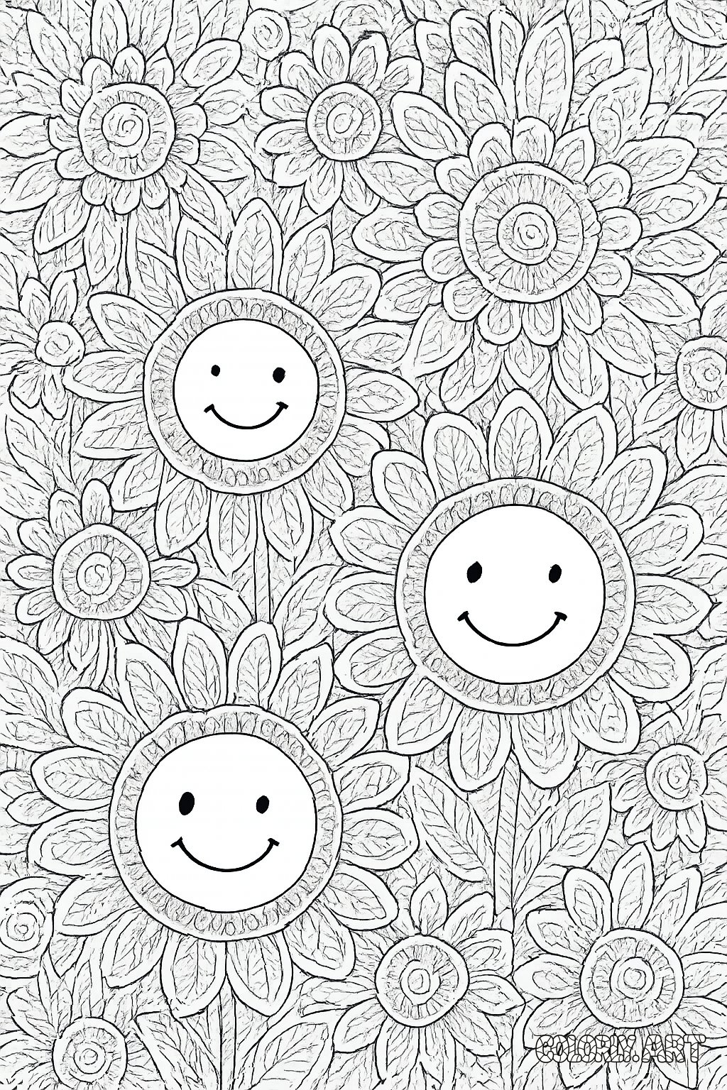 Smiling Flowers Coloring Book Page Colorly.art