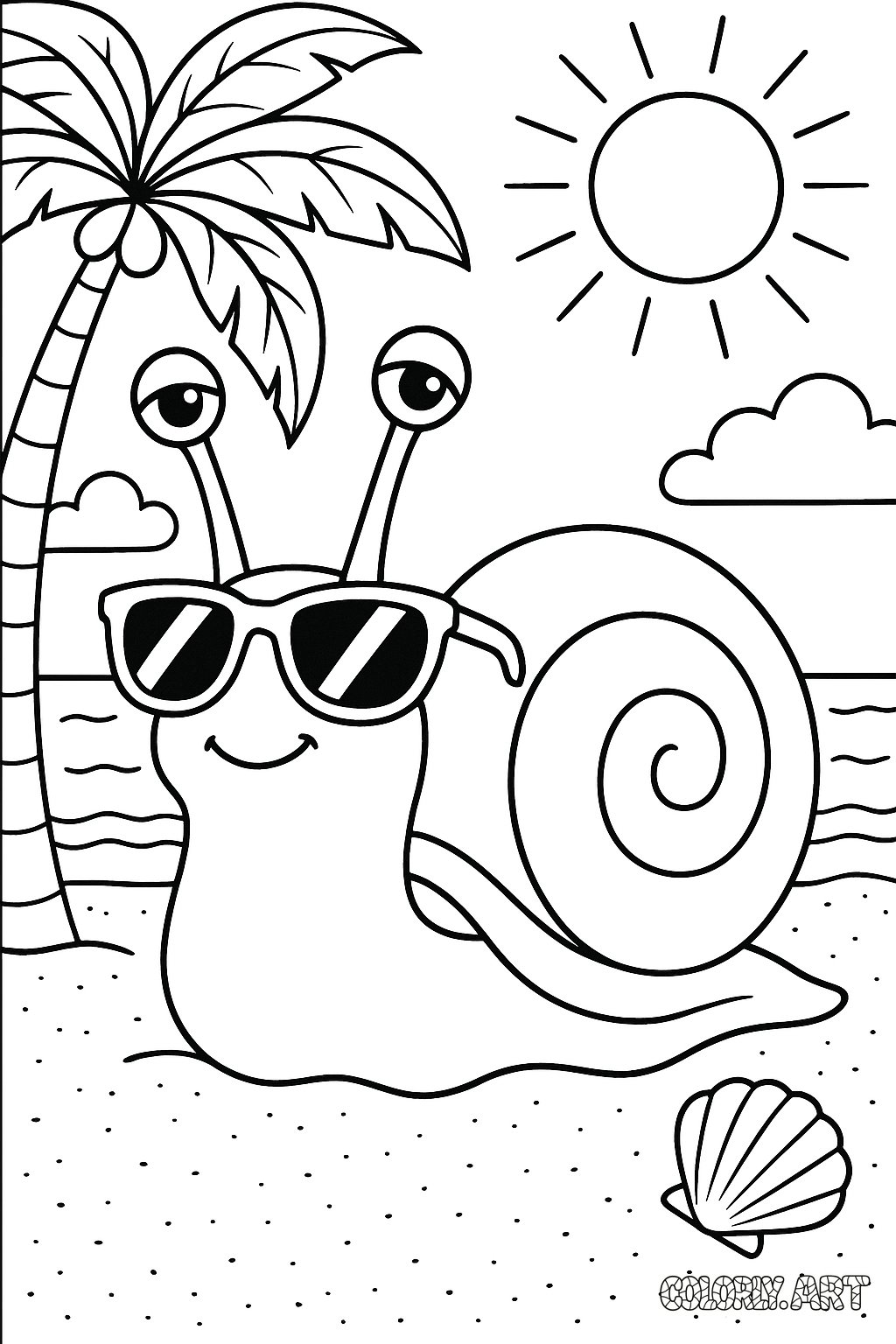 Snail Beach Adventure Coloring Book Page Colorly.art V2 