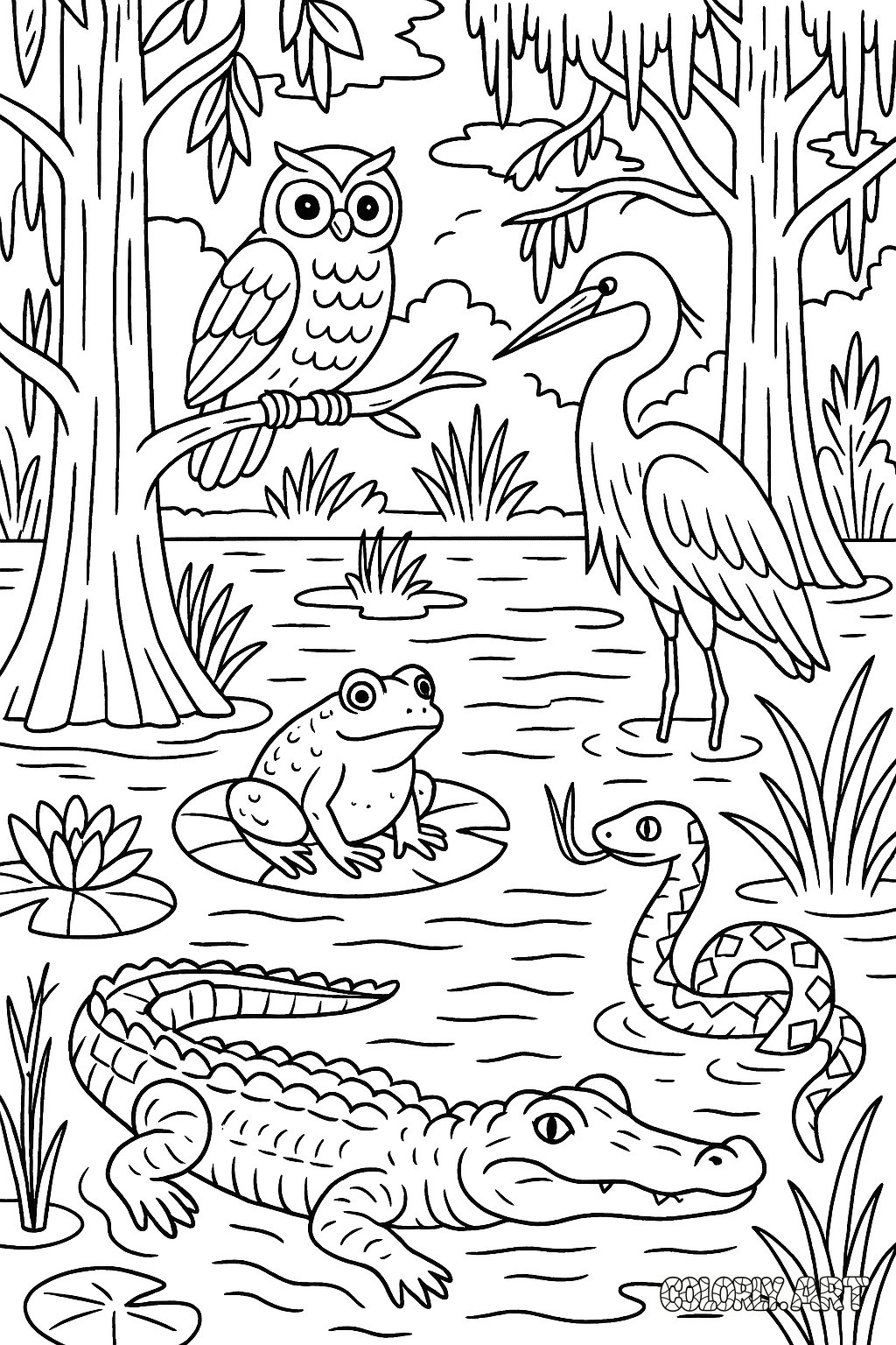 Swamp Animals Scene Coloring Book Page Colorly.art V2 