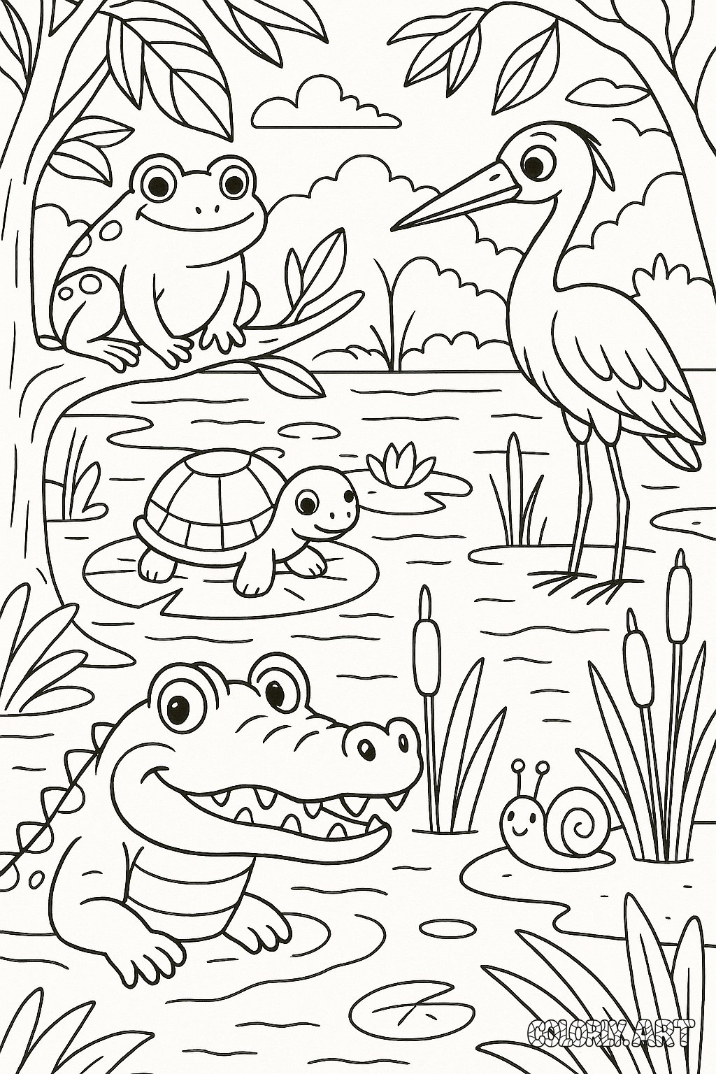 Swamp Animals Scene Coloring Book Page Colorly.art