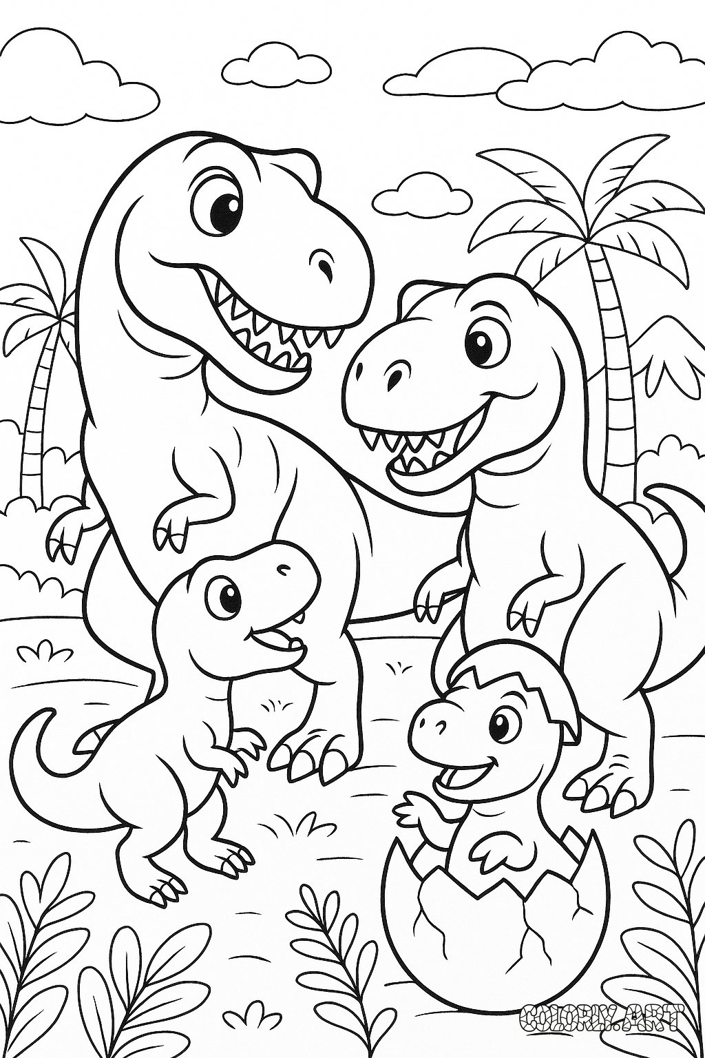 T Rex Family Fun Coloring Book Page Colorly.art
