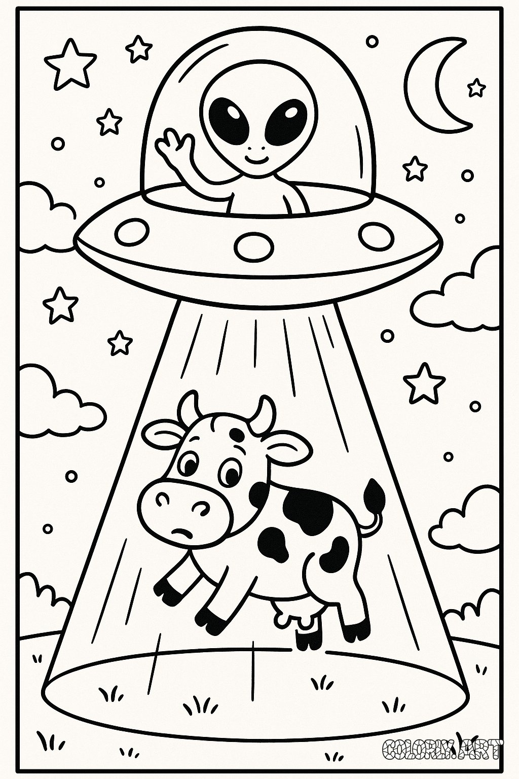 UFO Alien Cow Coloring Book Page Colorly.art V2 