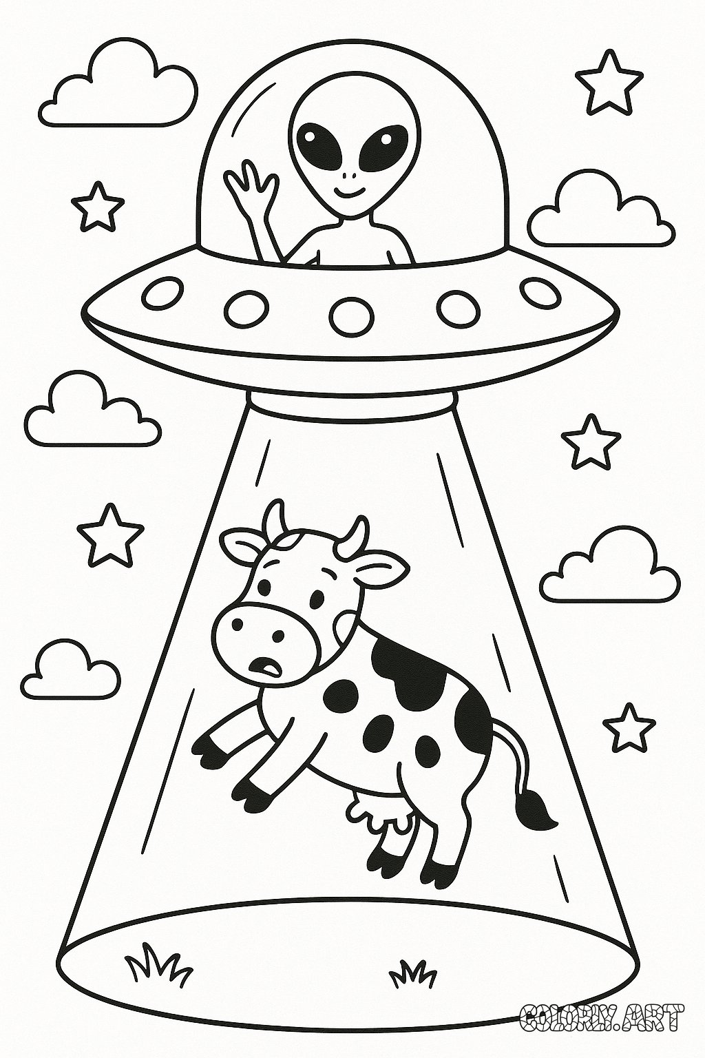UFO Alien Cow Coloring Book Page Colorly.art
