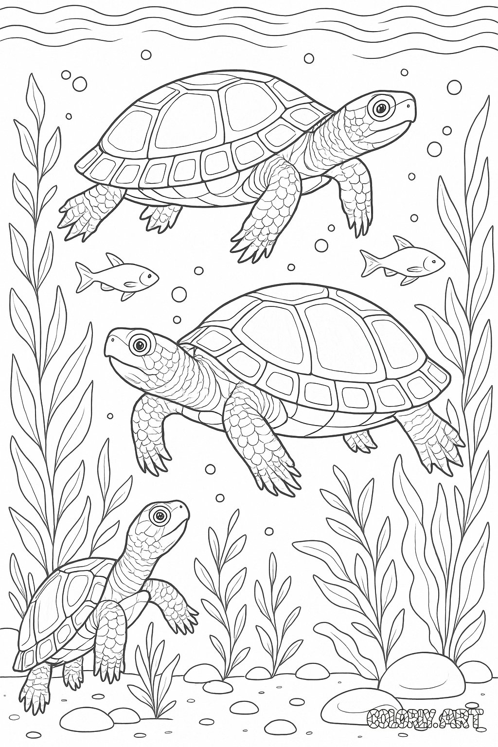 Underwater Pond Turtles Coloring Book Page Colorly.art V2 
