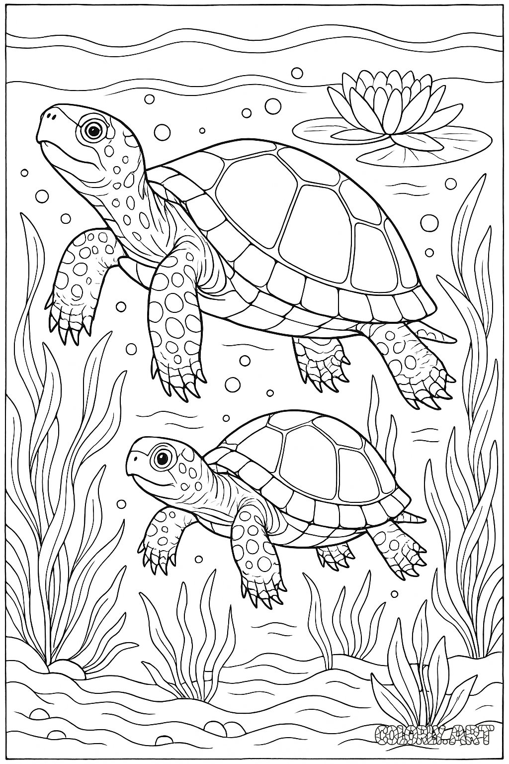 Underwater Pond Turtles Coloring Book Page Colorly.art