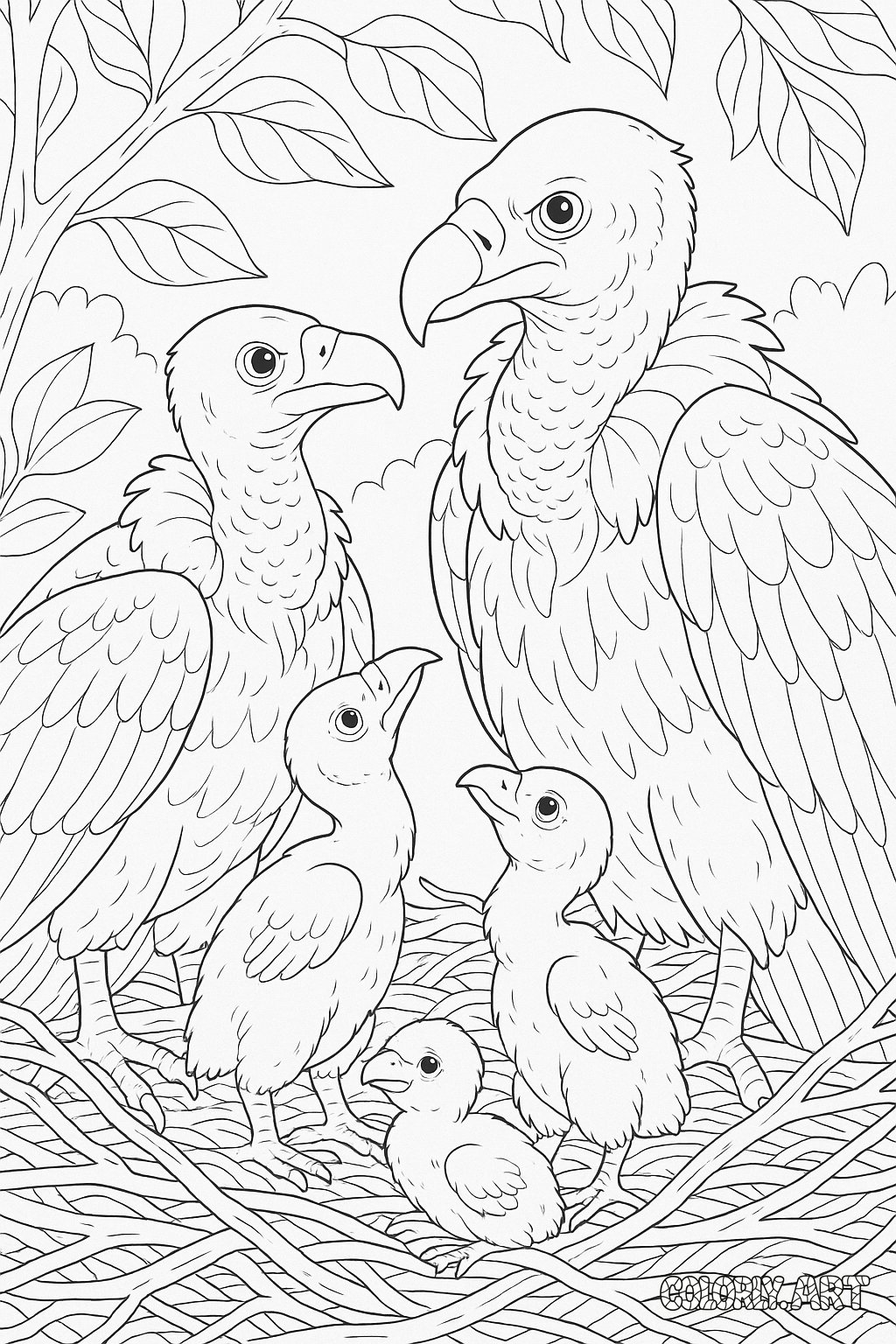 Vulture Family Coloring Book Page Colorly.art V2 