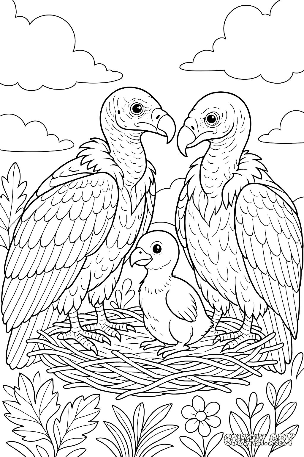 Vulture Family Coloring Book Page Colorly.art