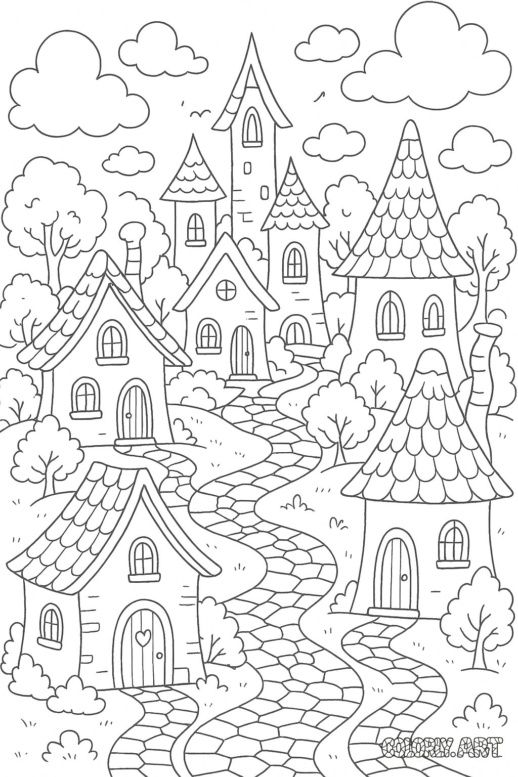 Whimsical Tiny Village Coloring Book Page Colorly.art V2 