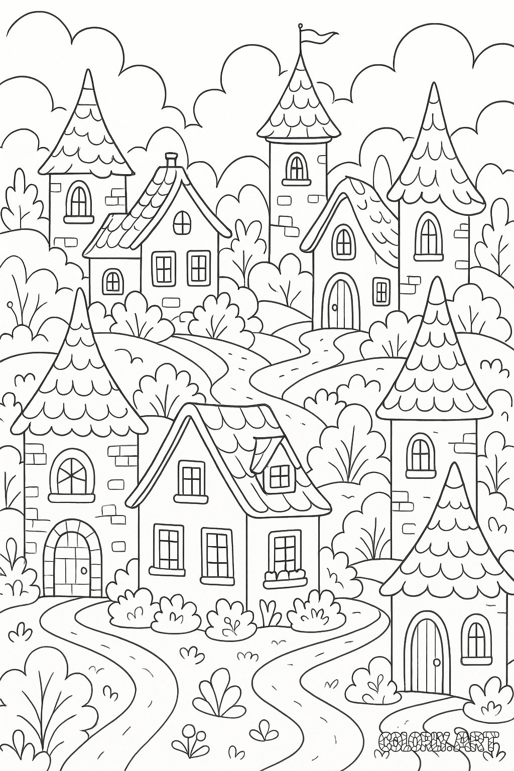 Whimsical Tiny Village Coloring Book Page Colorly.art