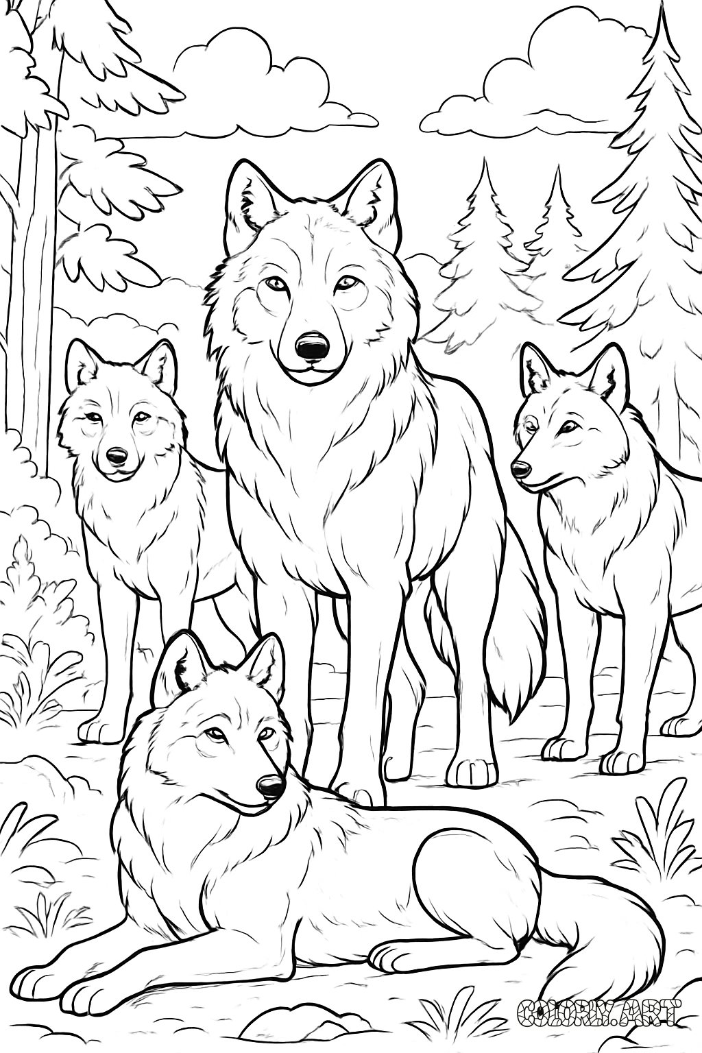 Wolf Pack Coloring Book Page Colorly.art V2 
