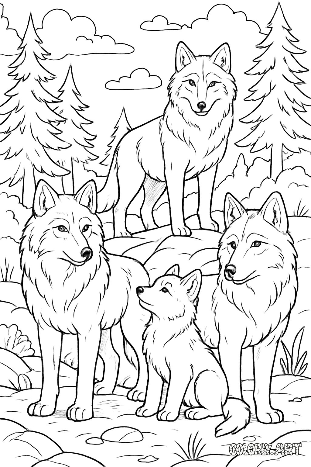 Wolf Pack Coloring Book Page Colorly.art