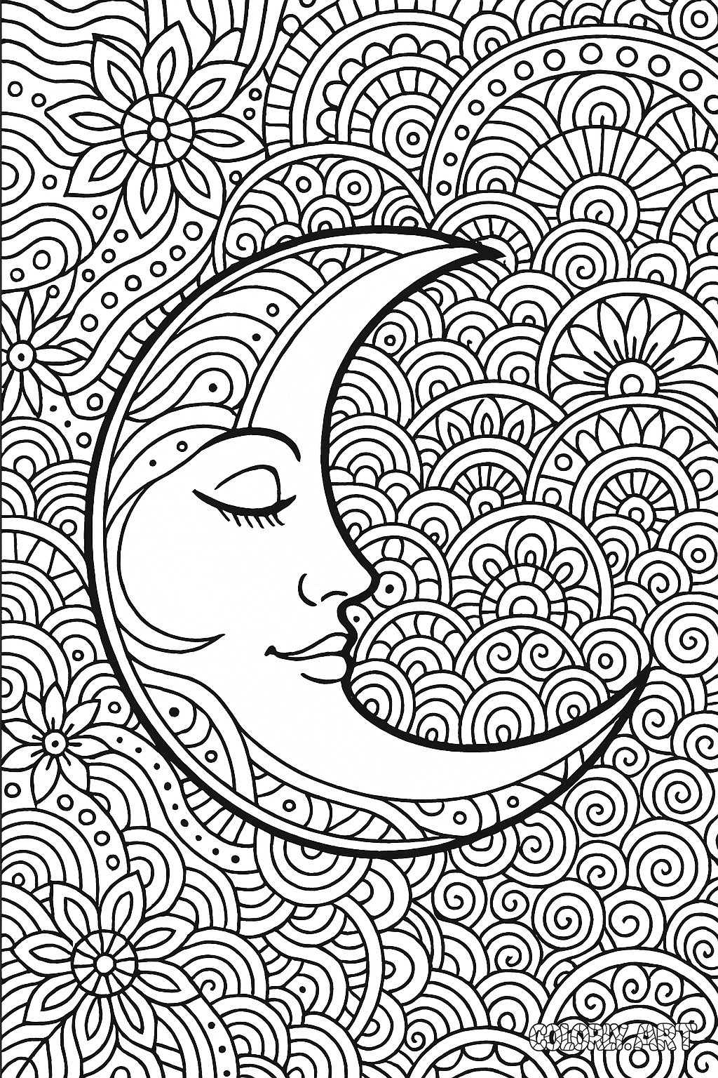 abstract lunar moon with face pattern Coloring Book Page Colorly.art