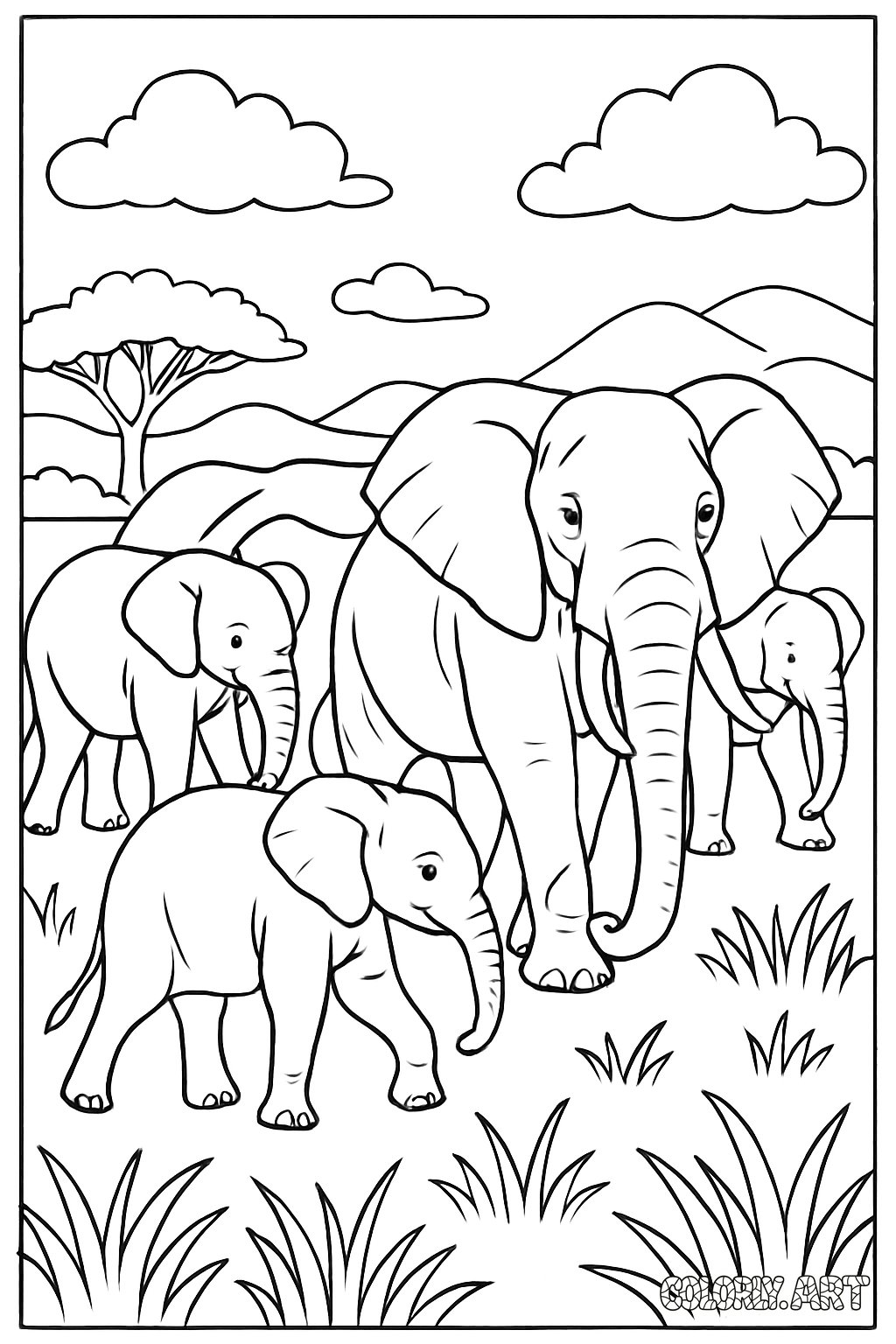 coloring book image of a herd of elephants movingColoring Book Page Colorly.art