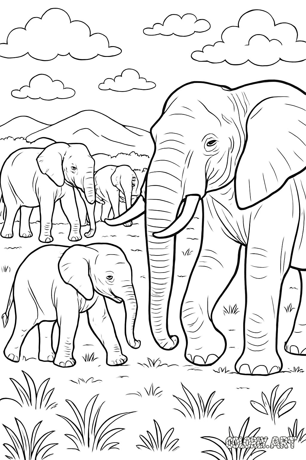 coloring book image of a herd of elephantsColoring Book Page Colorly.art