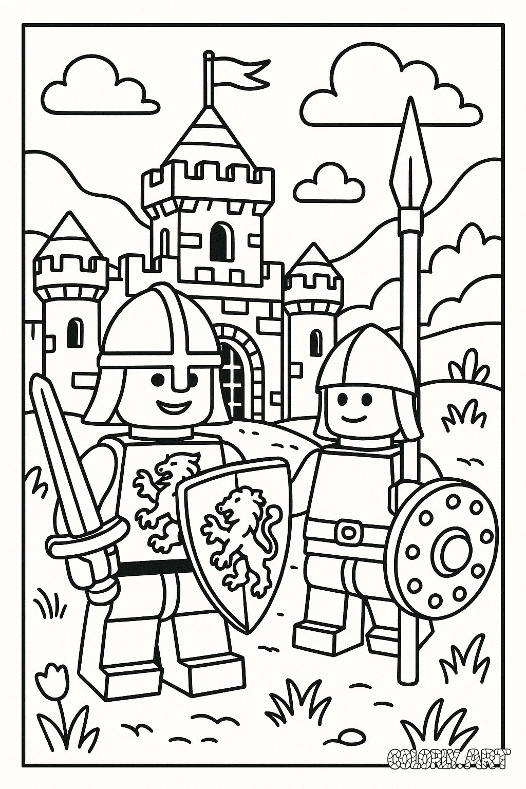 coloring book image of a medieval lego inspired sceneColoring Book Page Colorly.art