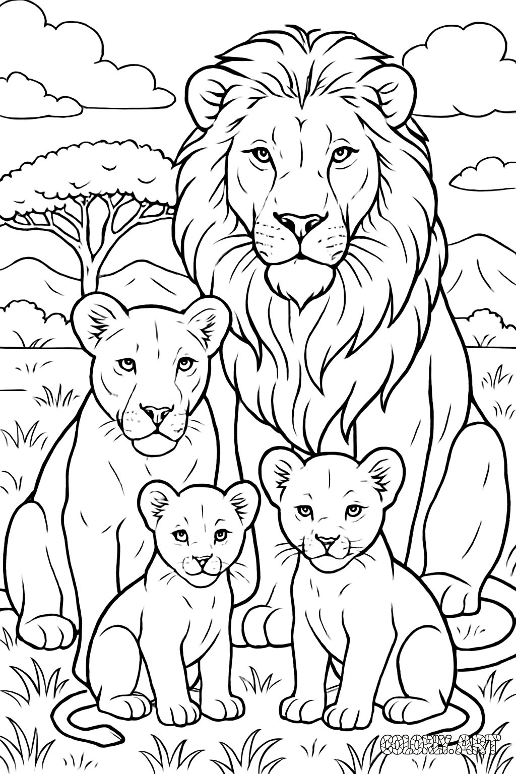 coloring book image of a pack of lions pride familyColoring Book Page Colorly.art