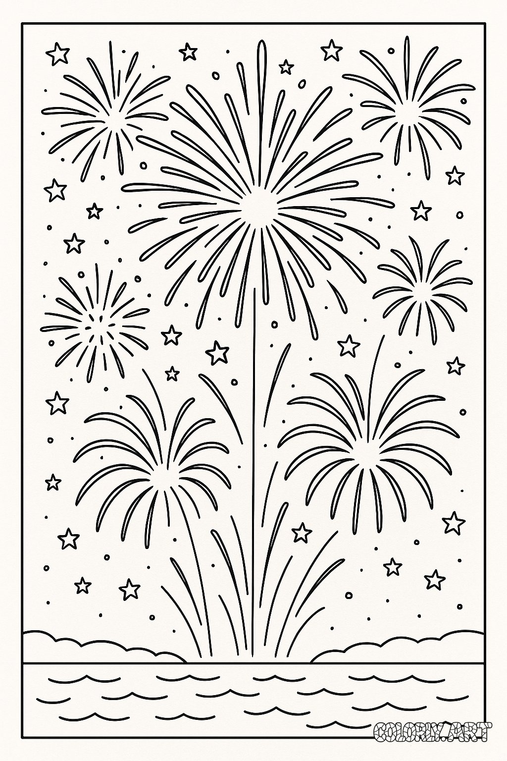 firework show over waterColoring Book Page Colorly.art