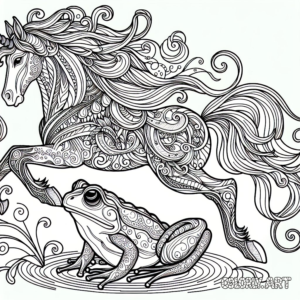 Frog and horse patternized coloring book image