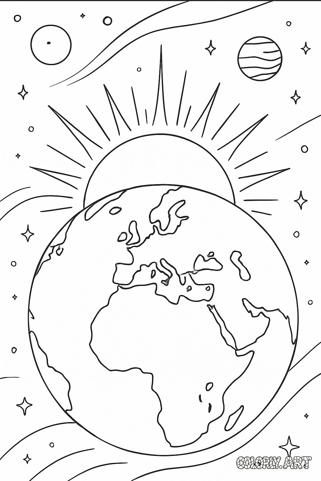 image of Earth from a space perspective with the sun in the background Coloring Book Page Colorly.art