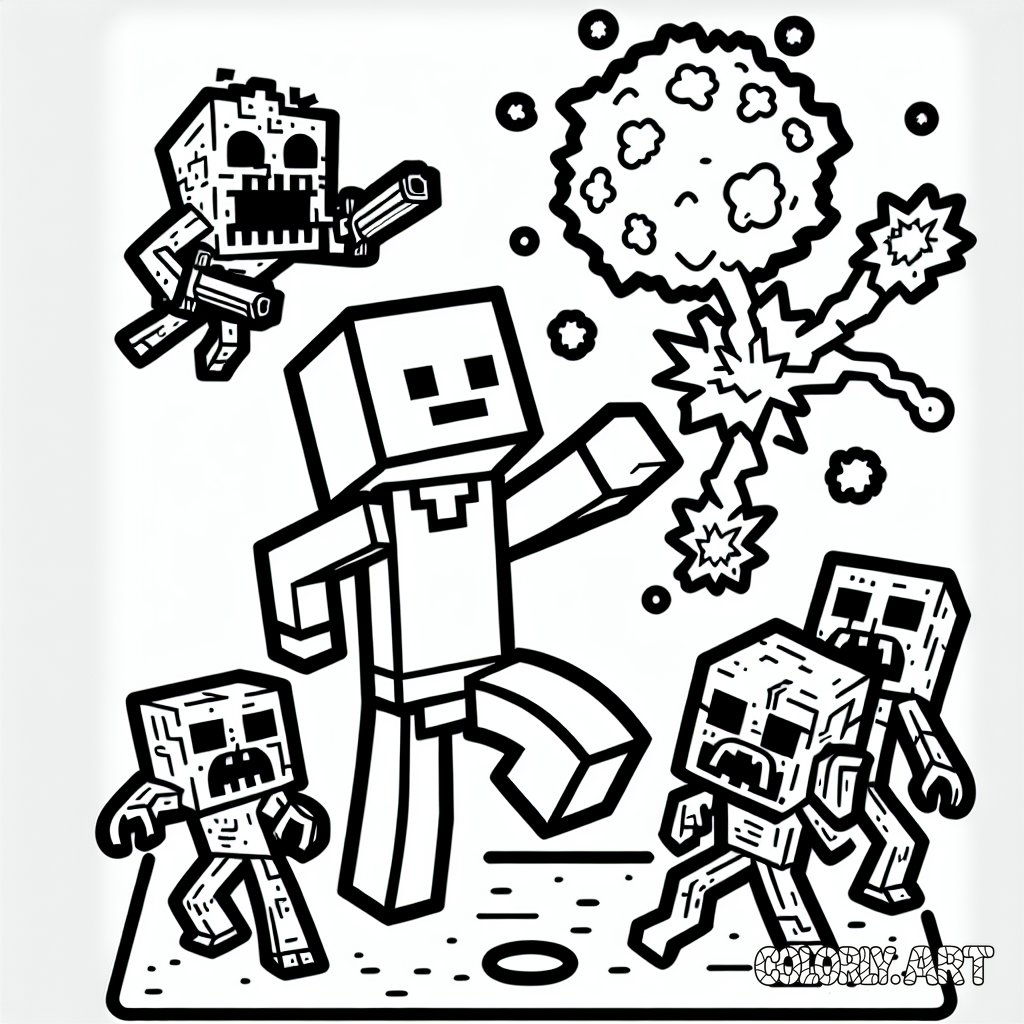 minecraftsteve fighting zombies and creepersColoring Book Page Colorly.art
