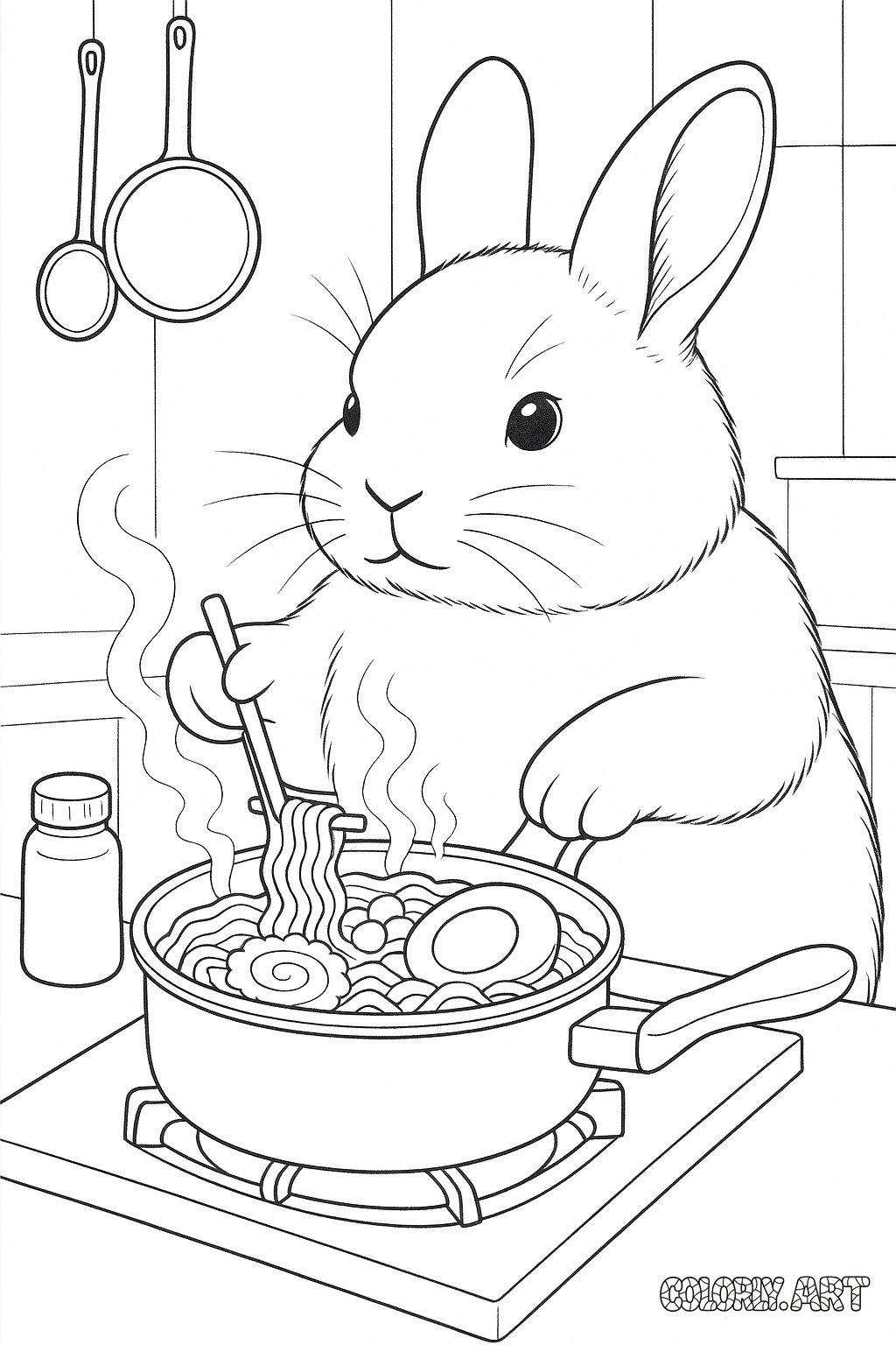 rabbit bunny, fur fat, and cooking ramen.Coloring Book Page Colorly.art