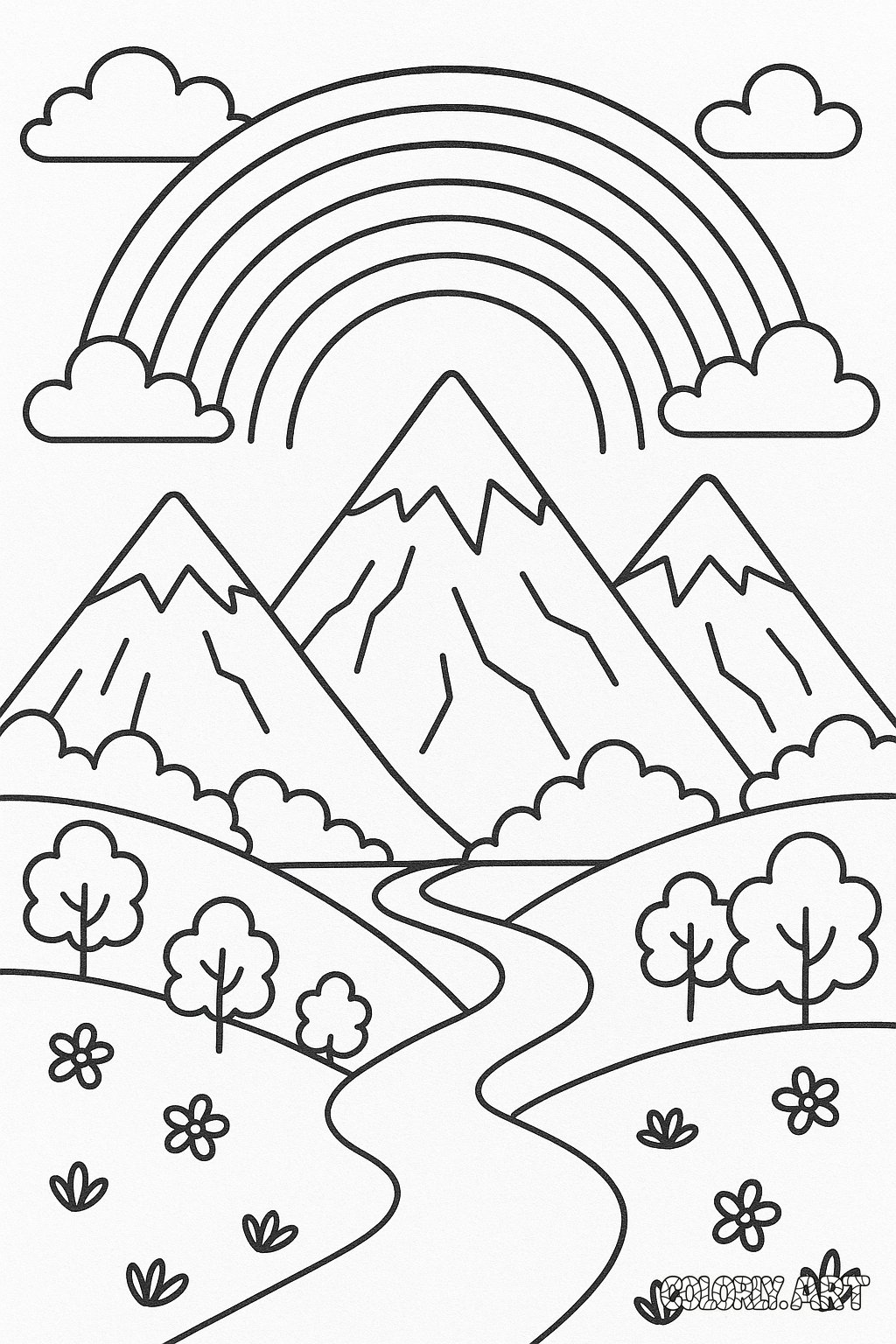 rainbow and mountain road scene clouds flowers rColoring Book Page Colorly.art