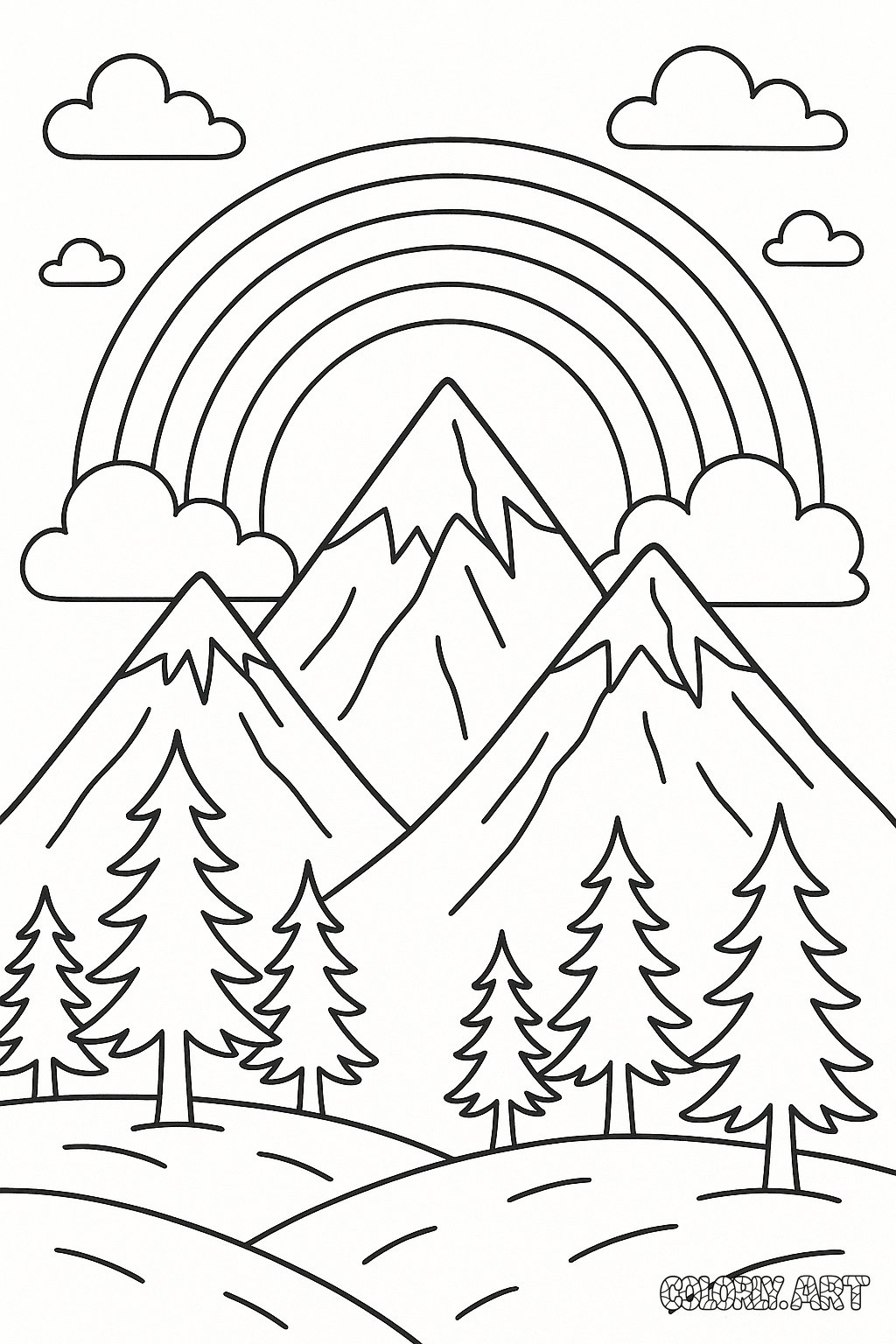 rainbow and mountains scene pine trees cloudsColoring Book Page Colorly.art