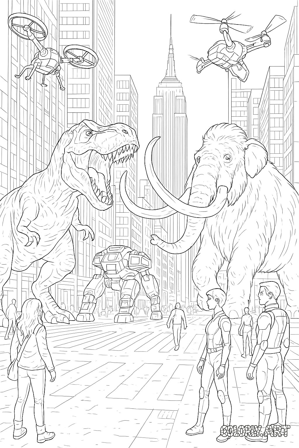 trex vs mammoth in new york future with drones robotColoring Book Page Colorly.art